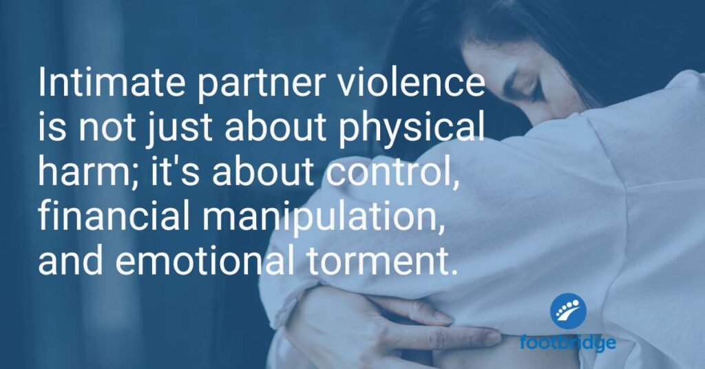 A visual highlighting the story on the page. The text reads, "Intimate partner violence is not just about physical harm; it's about control, financial manipulation, and emotional torment."